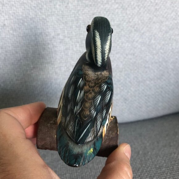 VINTAGE Hand Painted Wood Duck On Small Log 4 x 3 inches - Picture 5 of 12